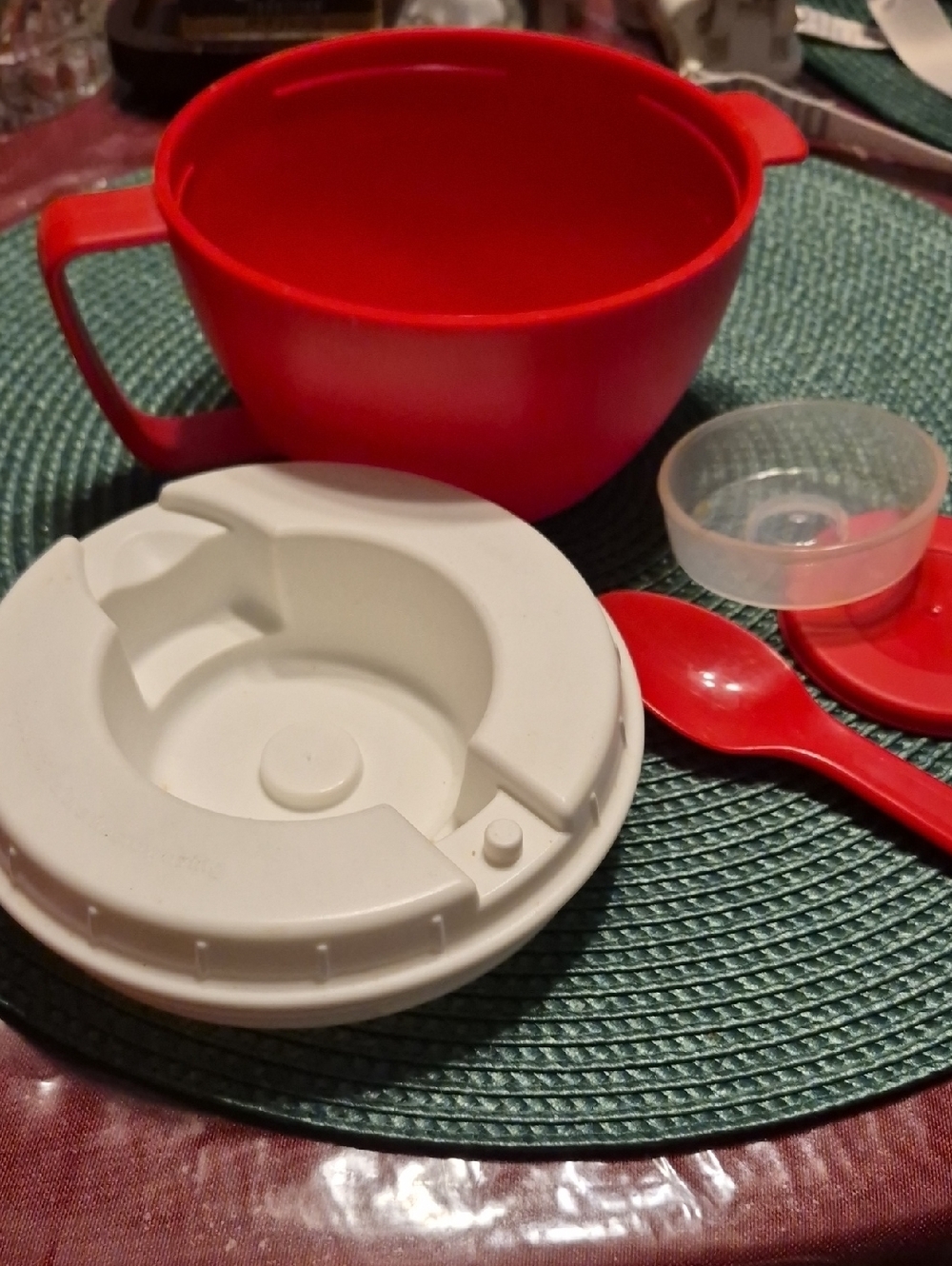 Red Plastic Bowl with Lid and Spoon